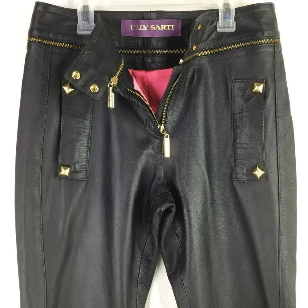 Lilly Sarti Lambskin Leather Moto Pants Size 40 Black Gold Designer Brazil - Picture 5 of 11